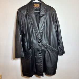 Vintage G-III Black Leather Collared V-Neck‎ Sleeves Buttons Pockets Lined Large